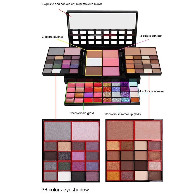 Paleta de Sombras Glitter 40/74/78 Cores Matte à Prova d'Água Longa Duração Pó Compacto Kit de Cosméticos Ferramentas de Maquiagem