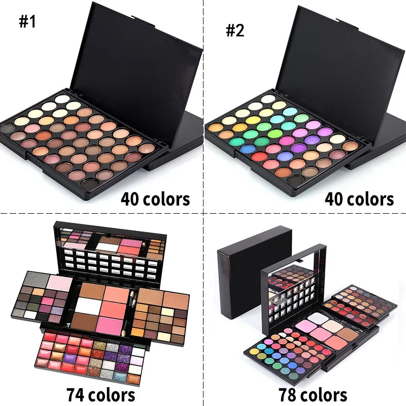 Paleta de Sombras Glitter 40/74/78 Cores Matte à Prova d'Água Longa Duração Pó Compacto Kit de Cosméticos Ferramentas de Maquiagem